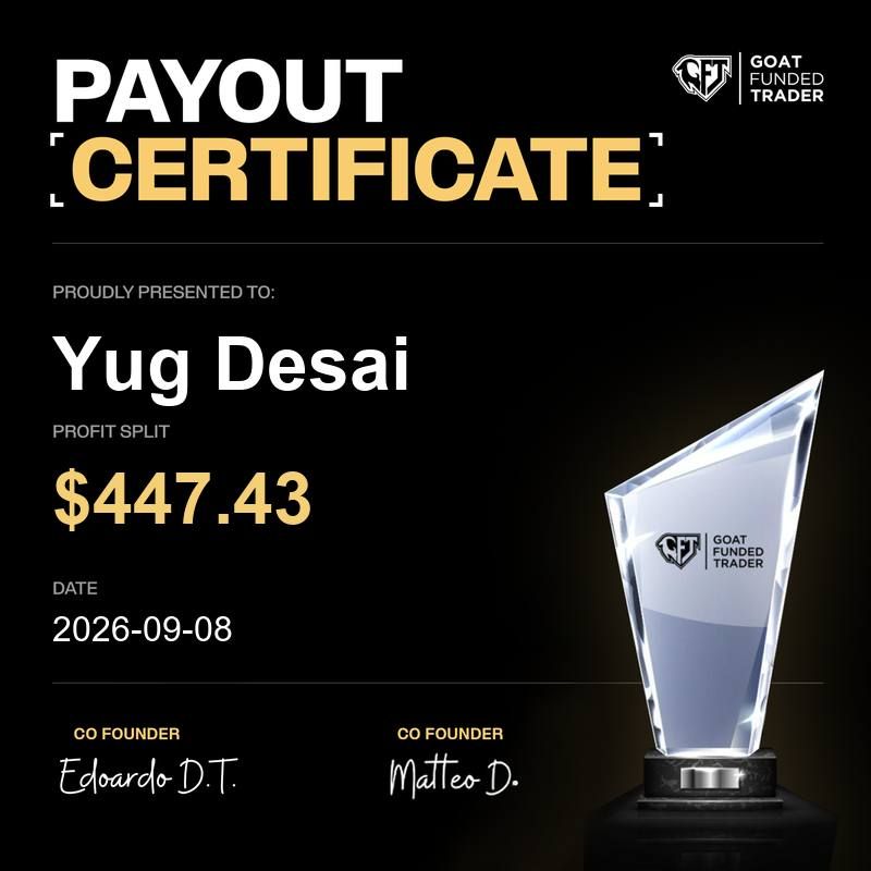 Goat Funded Trader payout certificate for YugFX, $447.43, 8 Sep 2026