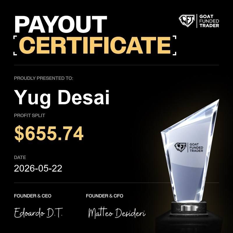 Goat Funded Trader payout certificate for YugFX, $655.74, 22 May 2026