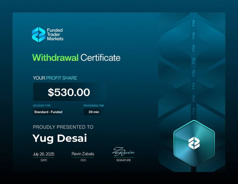 Funded Trader Markets payout certificate for YugFX, $530.00, 26 Jul 2025